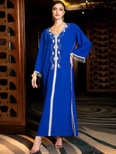 Muslim Dress 2023 Pure Handwork Rhinestone Beaded Chic Tassel Full Sleeve V-Neck Abayas For Moroccan Women Royal Blue Dress