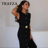 TRAFZA 2025 Spring Summer Streetwear Women Dresses Fashion Casual ELegant Sashes Sleeveless Button Solid Zipper Ladies Dresses
