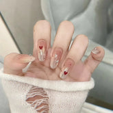 24Pcs Spring Wearing False Nails Short Almond Oval Nails with Red Love Rhinestone Designs Popular Nail Stickers for Spicy Girls