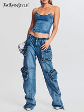 TWOTWINSTYLE Denim Vintage Two Piece Sets For Women Strapless Sleeveless Tops High Waist Spliced Pockets Pant Casual Set Female
