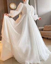A-Line Hijab Muslim Wedding Gowns for Women Bride Full Sleeves High Neck Flowers Lace Dubai Arabic Bridal Dresses WHITE