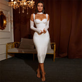 White Color Women Fashion Sexy Mesh Long Sleeve Mid-calf Bodycon Dress Rayon Bandage New Desinger Evening Party Dress