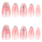 Short Ballet Fake Nails 24Pcs Blush Pink Press On Nails Silver Bowknot Printed French False Nails Patches DIY Charm Manicure