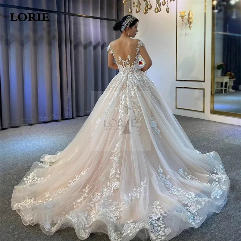 LORIE Modest Lace Wedding Dress A Line Sleeveless Appliqued Lace Bride Dresses Elegant Illusion Back Wedding Gowns