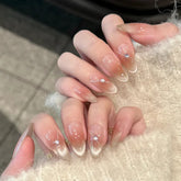 30Pcs Blush Cat Eye Glitter Shading Fake Nails Wearable Acrylic Nail Tips with Small Broken Diamond Sweet Simple Almond Manicure