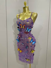 Women Celebrity Luxury Birthday Nightclub Stage Outfit 2025 New Arrival Sparkly Butterfly Purple Sexy Mesh See Through Dress