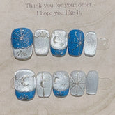 10Pcs Handmade Cute Blue Sweet Hand Drawn Nails Full Cover Cat Eye Design for Spice Girl Nails Short French Fashion Nails Patch