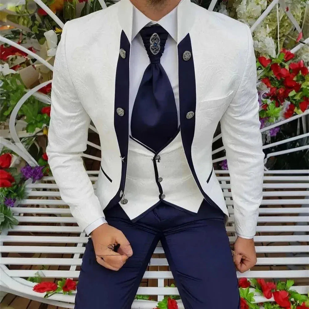 Elegant Jacquard Men Suits 3 Piece High-end Stand Collar Formal Male Suit Slim Fit Wedding Groom Tuxedo (Blazer+Vest+Pants) picture color