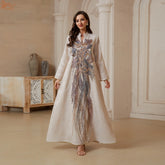 Uni Dubai Sequins Embroidery Luxury Woman Evening Dress Mesh Sleeve Abaya V-Neck Beaded Caftan Marocain Femme 2025