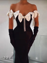 Women Celebrity Sexy Off Shoulder Flower Diamonds Black Bow Tie Maxi Long XL Bandage Dress Elegant Evening Club Party Dress