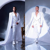 White Mens Wedding Tuxedos With Long Cape Crystal Beading Men's Pants Suits Prom Cosplay Blazers Costume Prom Party Wear black CHINA