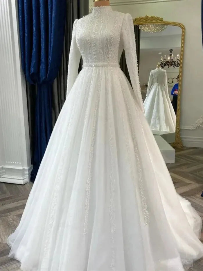 Luxury Bespoke Wedding Dress High Neck Beaded Lace Muslim Wedding Gown Ivory Tulle Long Sleeve Bridal Dress for Bride Ivory