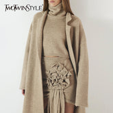 TWOTWINSTYLE Three Piece Set For Women Lapel Long Sleeve Coat High Neck Vest Fashion Spliced Ruffles Skirt Chic Sets Female New