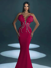 Rosered Color Women Sexy Strapless Florals Bodycon Long Bandage Dress Fashion Celebrate Nightclub Party Birthday Dress