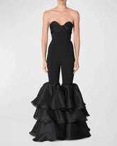 Black Color High Street Women Sexy Strapless Ruffles Wide Leg Jumpsuit Bandage Fashion Evening Party Cocktail Jumpsuit