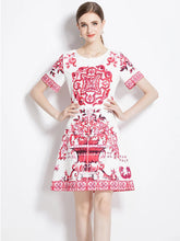 JAMERARY Summer Runway Fashion Red Blue White Porcelain Floral Dress Women's Short Sleeve Flower Printing A Line Mini Vestidos