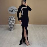 Black Color Top Quality Women Long Sleeve Shinning Crystal Bodycon Bandage Long Dress Fashion Evening Party Celebrate Dress