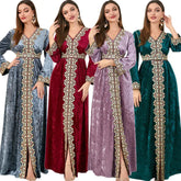 Velvet Autumn Winter Morocco Luxury Muslim Women Abaya V-neck Maxi Dress Turkey Arabic Islamic Kaftan Dubai Evening Party Kaftan