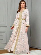 Muslim Suit Set For Africano Woman Party Moroccan Dubai Dress Fashion Printing Full Sleeve Belted Turkish Clothing Pink Dress