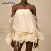 TWOTWINSTYLE Solid Loose Spliced Mesh Mini Dresses for Women Strapless Long Sleeves Patchwork Lace Up Fashion Dress Female New