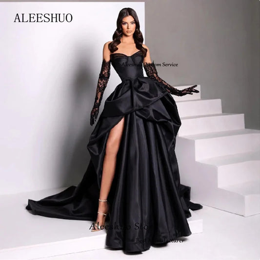 Aleeshuo Sexy Black Prom Dress Satin Sweetheart Evening Dress Saudi Arabia Side Slit Formal Ball Gown Floor Length فستان سهرة