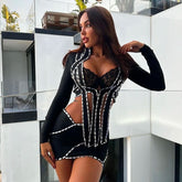 High Quality Women Long Sleeve Shinning Crystal 2 Pieces Bodycon Mini Bandage Dress Rayon Fashion Nightclub Party Birthday Dress