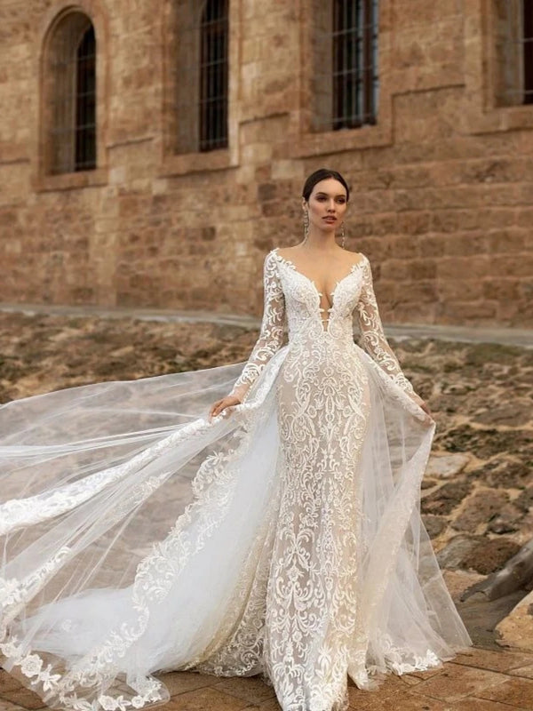 Romantic Deep V-neck Wedding Dress Appliques Lace Mermaid Bride Robe Graceful Floor-length Bridal Dresses Vestidos De Novia