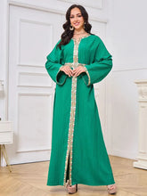 Fashion Muslim Abaya Woman Dubai Solid Split Hem Full Sleeve Notched V-Neck Belted Clothing Elegant Moroccan Dresses Green Dress