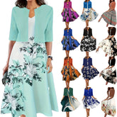 New for summer 2024! Eu-us Fall Women's 2 long Dress Set - floral and grass print crew neck dress with chiffon short coat
