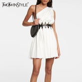 TWOTWINSTYLE Patchwork Leather Chic Dresses For Women Diagonal Collar Sleeveless High Waist Hollow Out Mini Dress Female Style