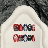 10Pcs Red Short Christmas Handmade Press on Nails Set Shimmery Cartoon Santa Fake Nail Art Cute Snowflake Winter False Nail Tips