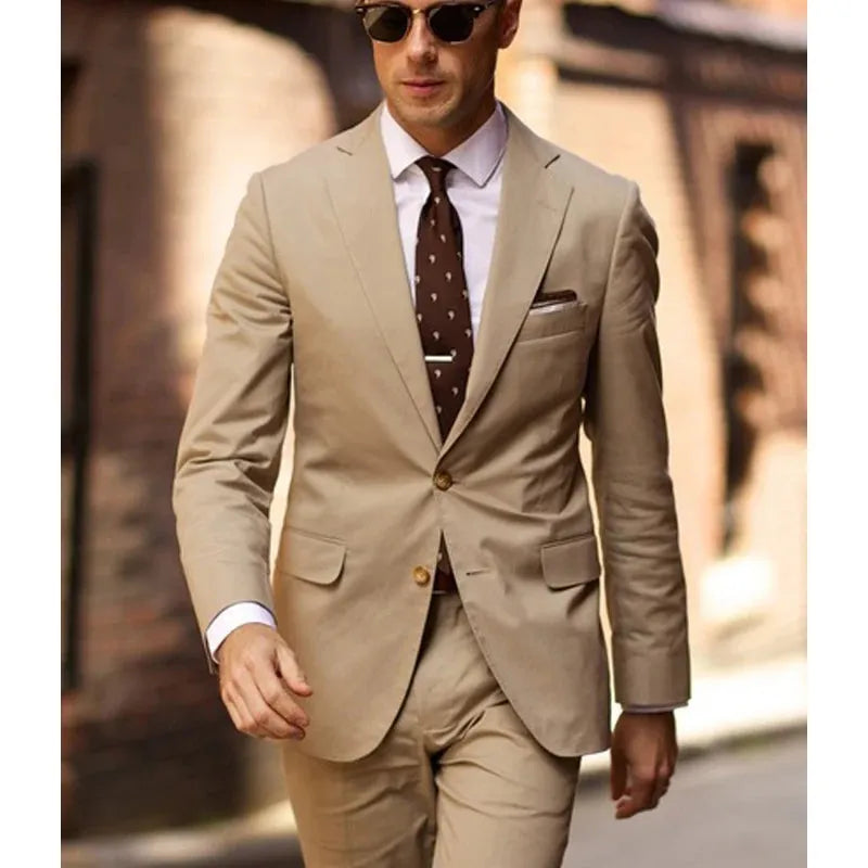 Beige Slim Fit Wedding Men Suits for Dinner Party Groom Tuxedo 2 Piece Male Fashion Jacket with Pants Latest Design Blazer Beige