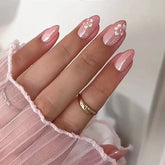 24Pcs Blush Pink False Nails White Flower Printed Short Round Head Press on Nails Sweet French Style Charms Manicure for Women