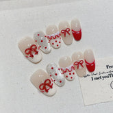10Pcs Short Almond Handmade Press on Nails Cute Cat Eye 3D Red Bowtie Designs Finished Nail Polka Dot Lace Edge Oval False Nails