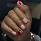 24Pcs Short Square Head Press on False Nails Yellow Brown Cherry with Design Fake Nail Red French Wearable Full Cover Nails Tips