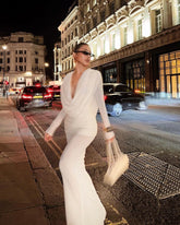 Women Celebrity Sexy Long Sleeve Deep V Neck Ruched White Maxi Long Gowns Dress 2025 Elegant Evening Party Club Vestido