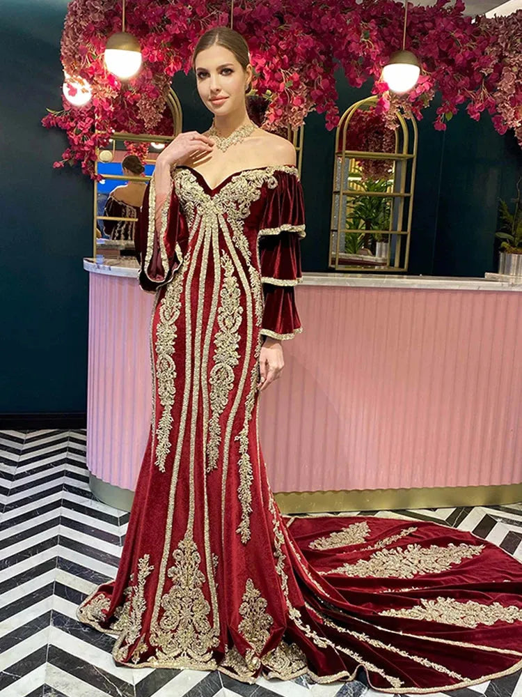 Classic Burgundy Mermaid Flare Sleeve Caftan Evening Party Dress Gold Lace Velvet Prom Gowns Traditional Women Dresses DARK BURGUNDY