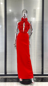 Red Color Women Sexy Halter Backless Off the Shoulder Florals Bodycon Long Bandage Dress Wedding Mermaid Celebrate Birthday Wear