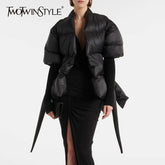 TWOTWINSTYLE Solid Temperament Spliced Lace Up Coat for Women V Neck Long Sleeves Tunic Warm Cotton Coats Female Clothing New