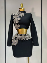 Women Long Sleeves Bandage Two Piece Sets Turtleneck Shiny Diamonds Flower Top Bodycon Mini Skirts Suits Evening Club Party Set