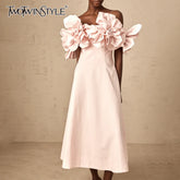 TWOTWINSTYLE Solid Slimming Elegant Dresses for Women Strapless Off Shoulder Patchwork 3D Flowers Fashion Dress Female Clothing
