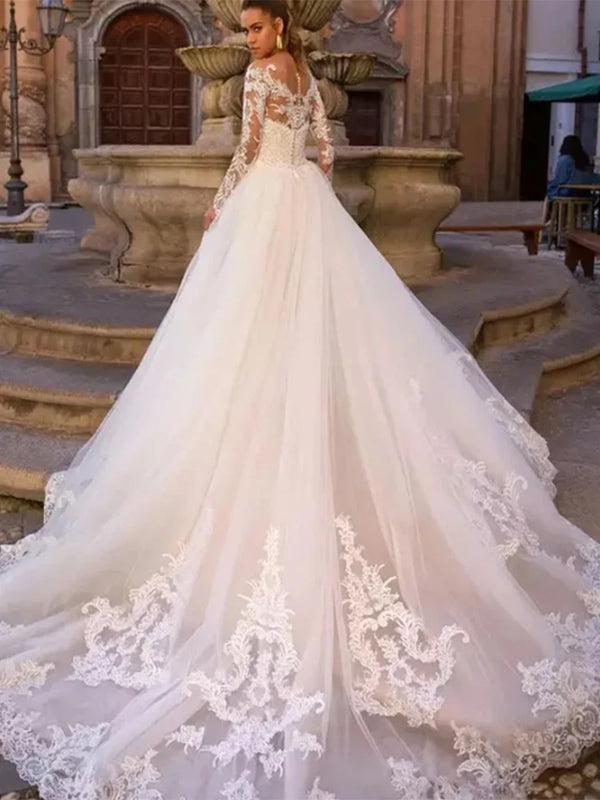 Luxury Mermaid Wedding Dresses O-neck Long Sleeve Appliques Detachable Train 2 In 1 Lace Bridal Gowns Vestidos De Novia