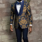 Floral Jacquard Prom Men Suits for Wedding Slim Fit Navy Blue Formal Groom Tuxedo Custom Made African Male Fashion Costume 2024