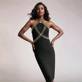 20245 New Fashion Black Color Women Sexy Off the Shoulder Shinning Crystal Bodycon Bandage Midi Dress Nightclub Party Wear