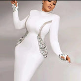 Black White Color Women Long Sleeve Shinning Rhinestones Bodycon Long Bandage Dress Evening Party Celebrate Outfit Vestido
