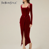 TWOTWINSTYLE Solid Patchwork Folds Elegant Dresses For Women Square Collar Long Sleeve High Waist Split Slimming Dress Female