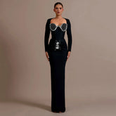 Black Color Women Long Sleeve Square Collar Shinning Crystal Bodycon Bandage Long Dress Celebrate Evening Party Prom Dress