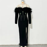 Women Long Sleeve Sexy Off the Shoulder Feathers Shinning Crystal Bodycon Long Bandage Dress Evening Party Cocktail Outfit