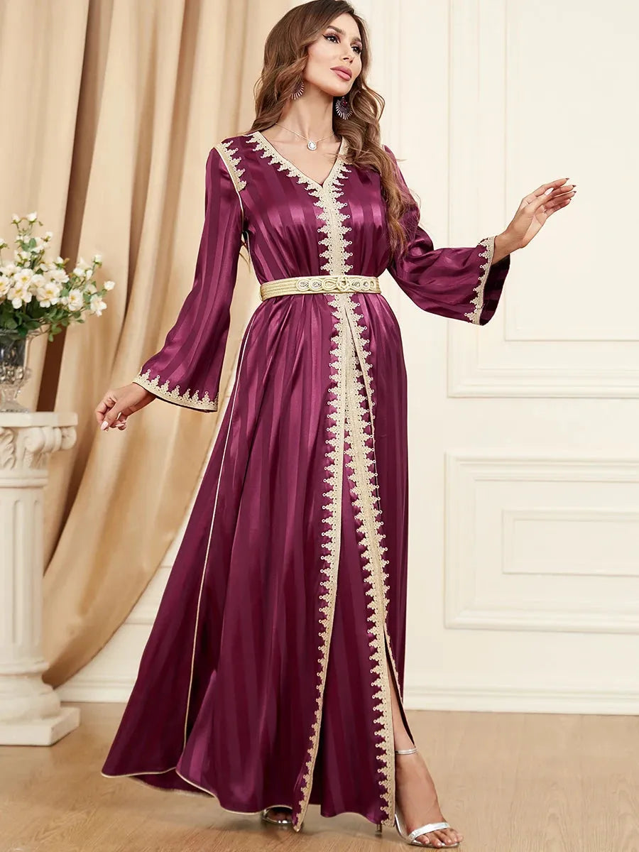 Ramadan Satin 2 Piece Caftan Set Muslim Abaya Solid Tape Trim Full Sleeve V-Neck Elegant Sashes Turkish Arabic Dresses Burgundy Dress