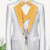 Formal Paisley Tuxedos Groom Wedding Wear White Blazer Pants Waistcoat with Gold Lapel Gentle Men Party Prom Suits